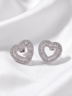 Silver Heart Cubic Zirconia Stud Earrings - White